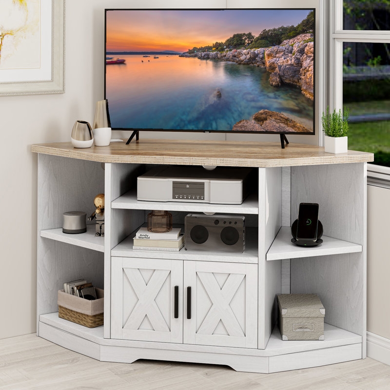 Corner TV Stand with X-Brace Doors, Modern Farmhouse Oak and White