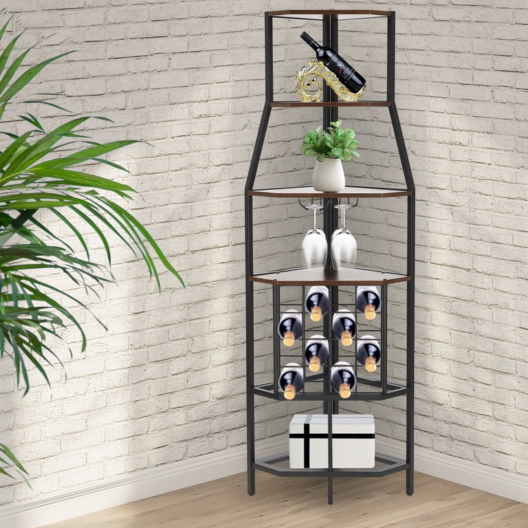 Corner Wine Rack Tapered Silhouette Industrial Metal and Wood