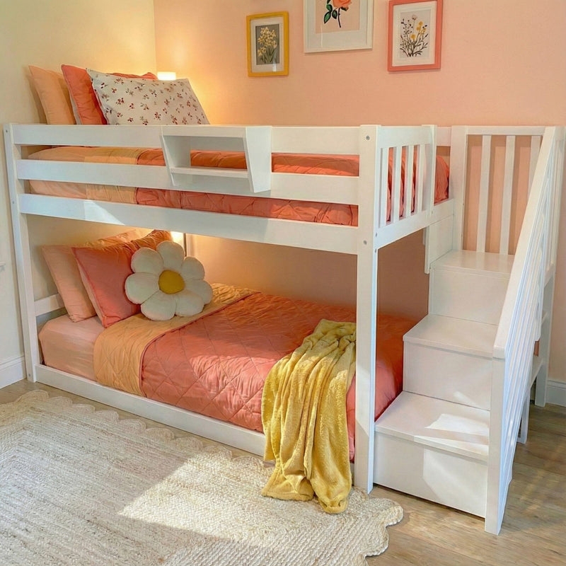Cottage Core Bunk Bed with Stairs Bedside Tray Scalloped Trim