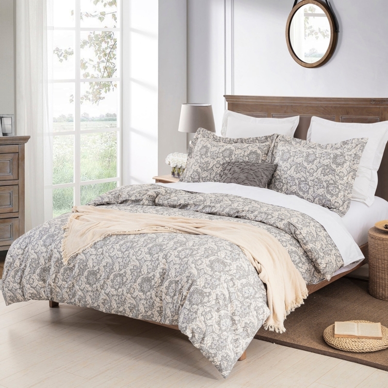 Cotton Paisley Duvet Cover Set: Gray Pattern with Tassel Fringe Detail