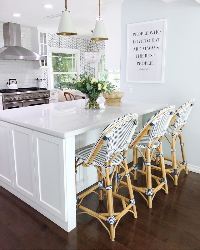 Counter Chairs with Natural Rattan Frame and Navy Woven Seats
