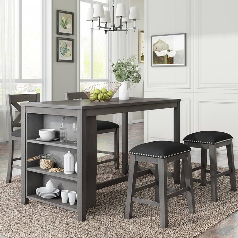 Counter Height Dining Set Grey Wood Side Storage Nailhead Trim