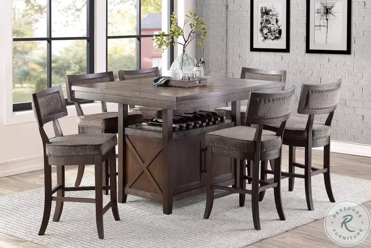 Counter Height Dining Set Rustic X-Brace Storage Nailhead Trim