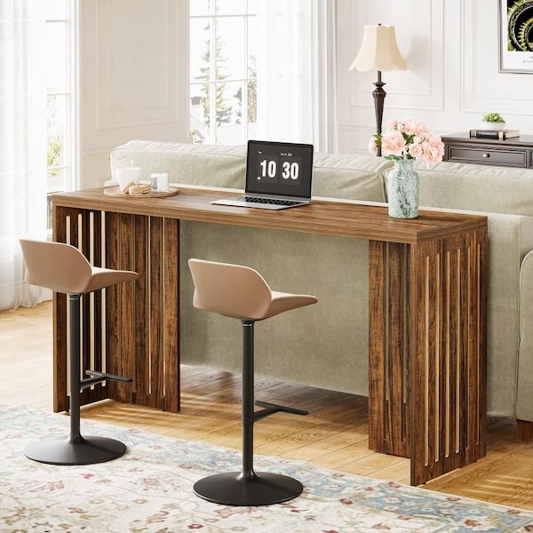 Counter Height Pub Table, Walnut Slatted Louvered Base Console