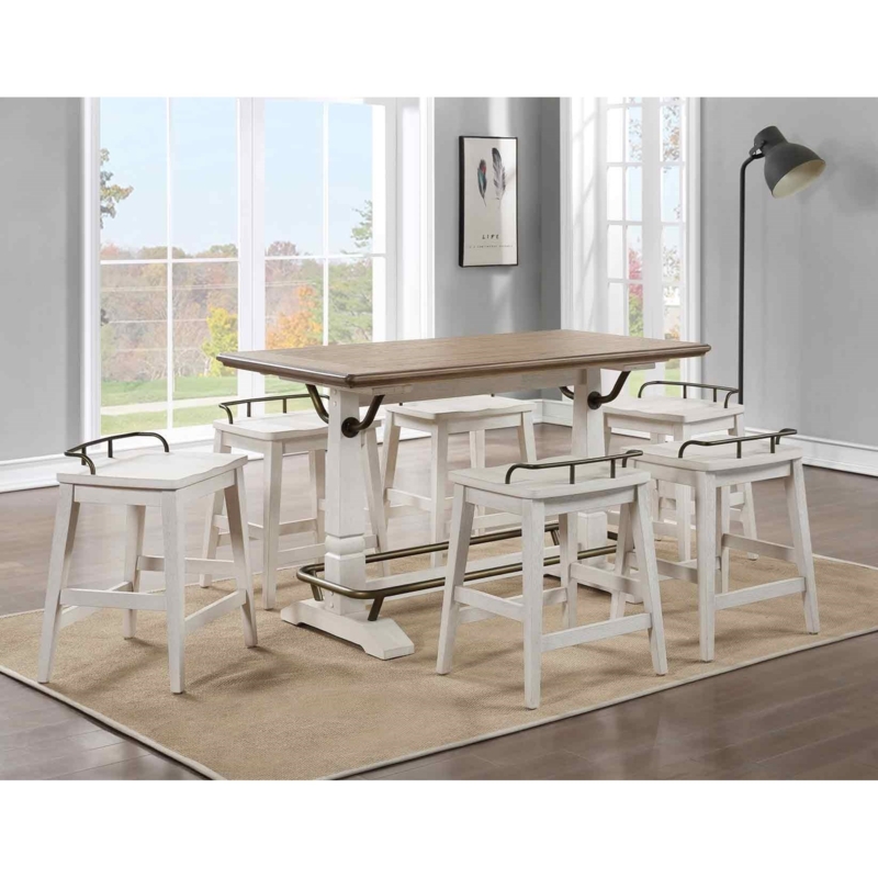 Counter Height Set Antique White Trestle Pedestal Bronze Accents