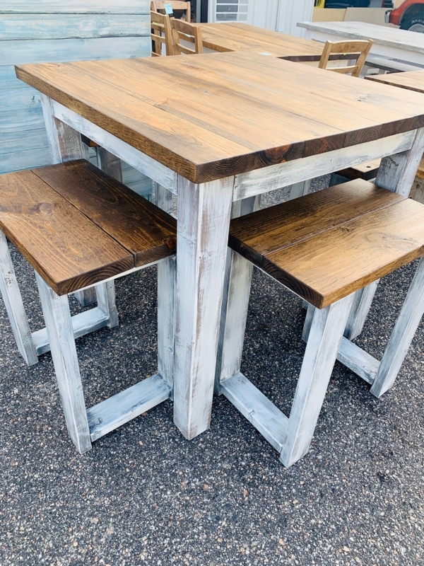 Counter Height Set Whitewashed Base Plank Top Backless Design Rustic