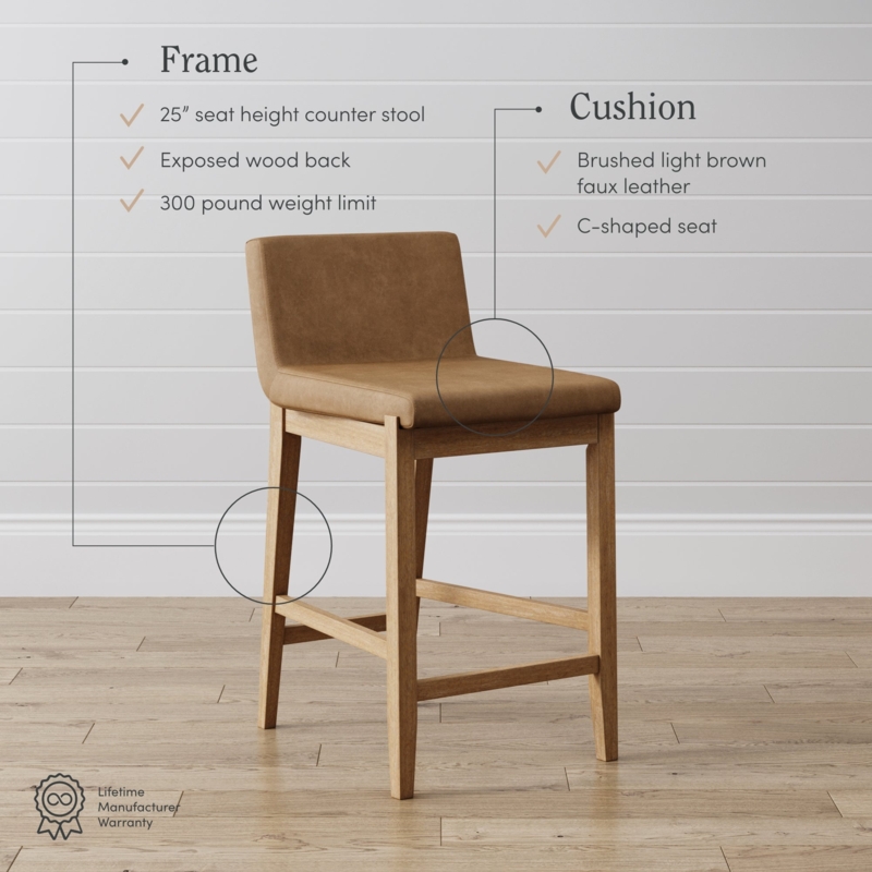 Counter Stool C Shaped Seat Brushed Faux Leather Exposed Wood Tan