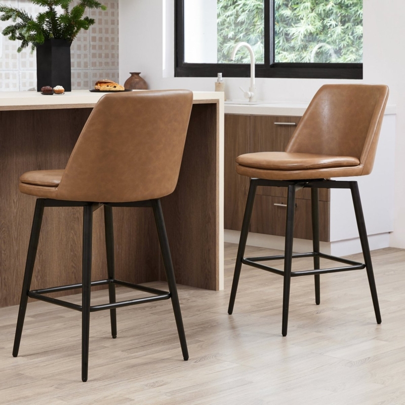 Counter Stool Caramel Brown Swivel Base Tapered Legs Curved Back