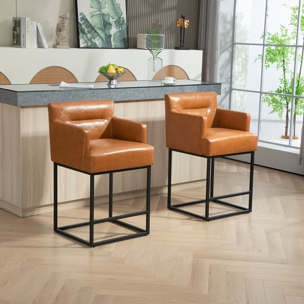 Counter Stool Cognac PU Leather Metal Integrated Arms Square Frame