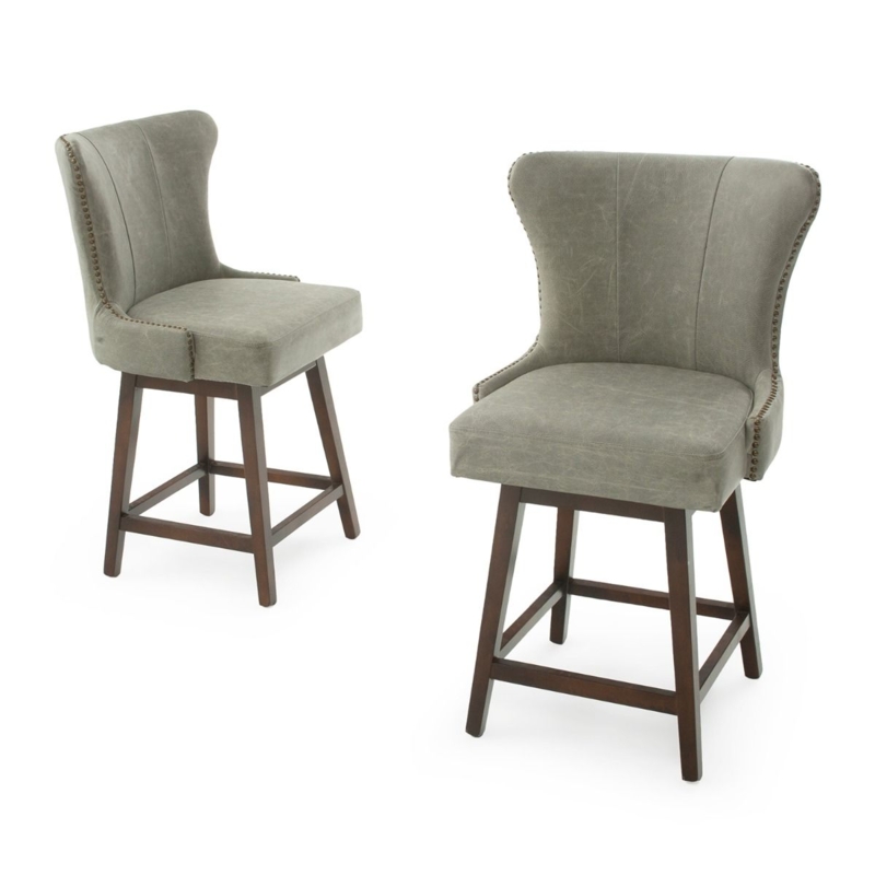 Counter Stool Distressed Grey Wingback Silhouette Nailhead Trim Tapered Legs