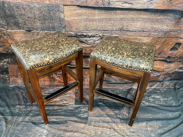 Counter Stool Floral Embossed Seat Brass Nailhead Saddle Profile