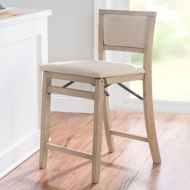 Counter Stool Folding Natural Wood Upholstered Backrest Beige