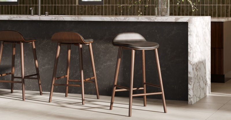 Counter Stool Low Curved Back Walnut Veneer Tapered Legs
