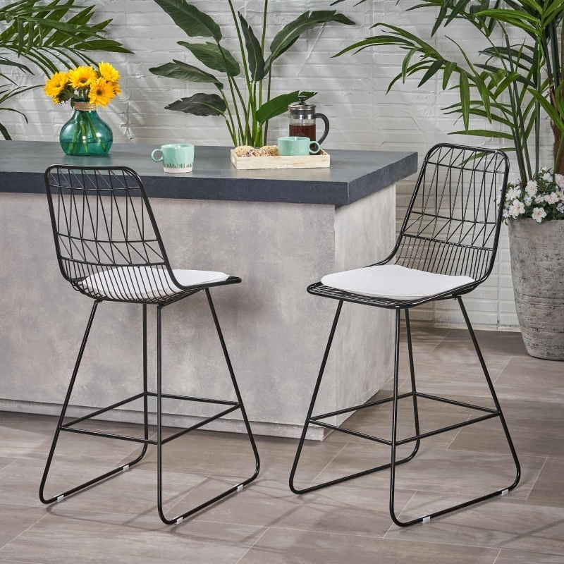 Counter Stool Matte Black Metal Wire Back Sled Base Geometric Lattice
