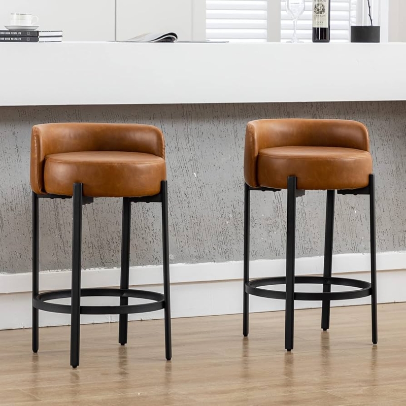 Counter Stool Round Seat Curved Back Black Metal Frame Minimalist