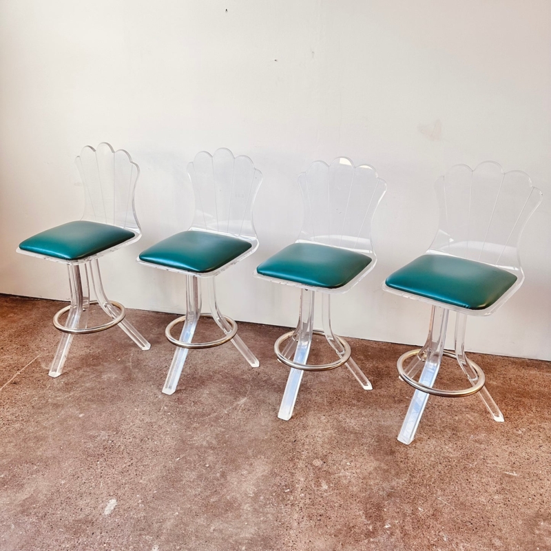 Counter Stool Scalloped Lucite Back Teal Upholstered Seat Tripod Swivel