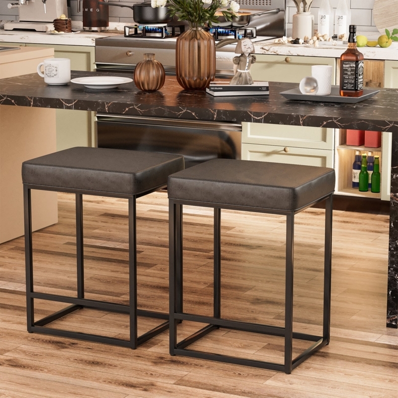 Counter Stool Set Charcoal Faux Leather Square Seat Low Profile