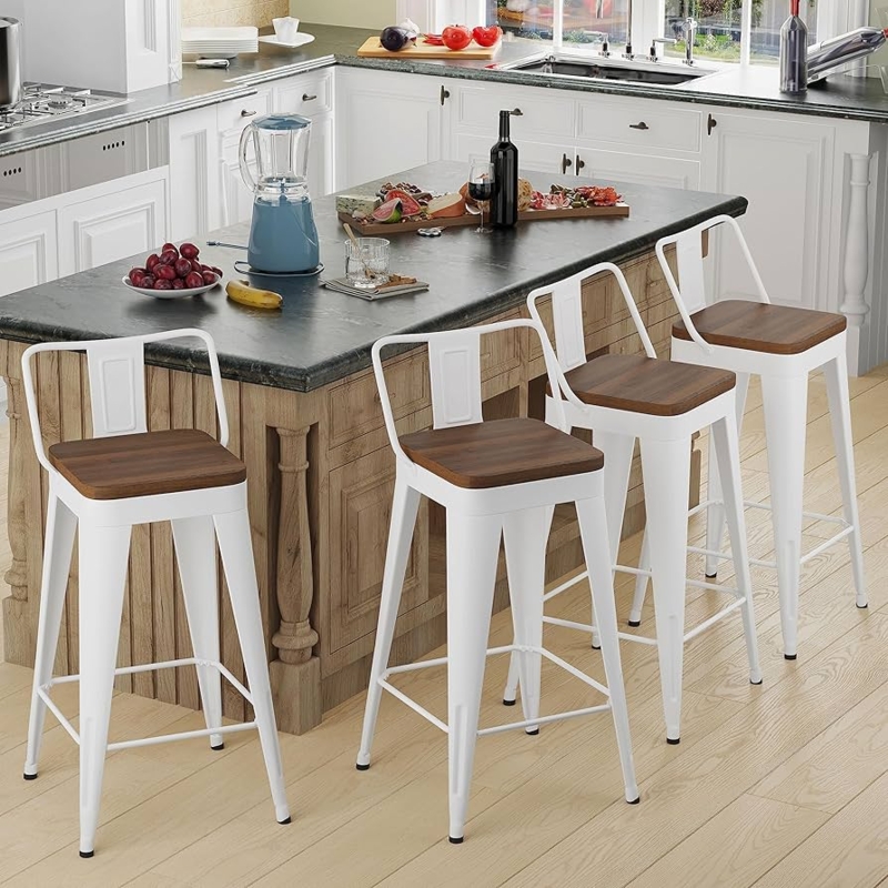 Counter Stool Set White Metal Wood Grain Seat Low Backrest Farmhouse