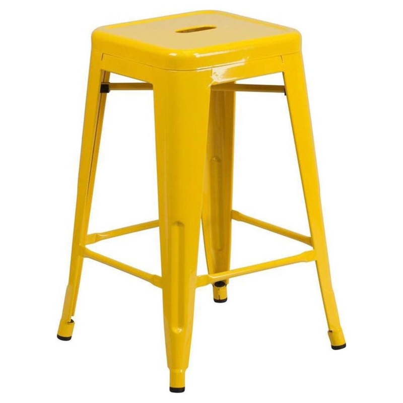 Counter Stool Vibrant Yellow Glossy Metal Industrial Tolix Style Handle