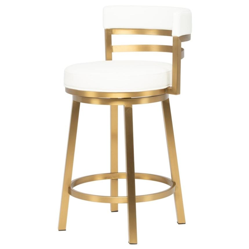 Counter Stool: White Swivel Stool with Brushed Metallic Curved Back
