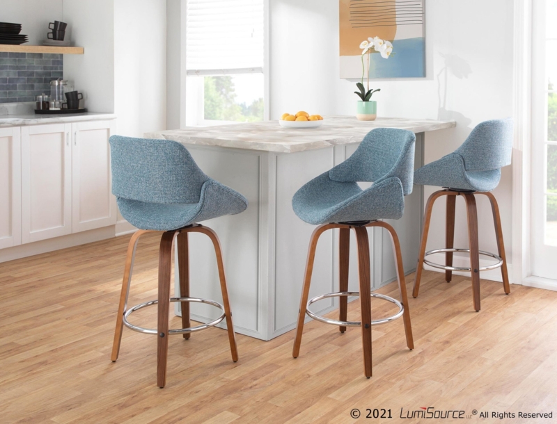 Counter Stool with Blue Noise Fabric Upholstery and Swivel Base
