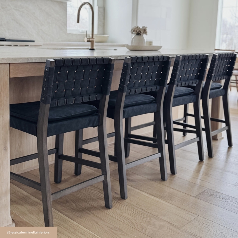 Counter Stool Woven Strap Back Rivet Detailing Grey Wash Wood Frame