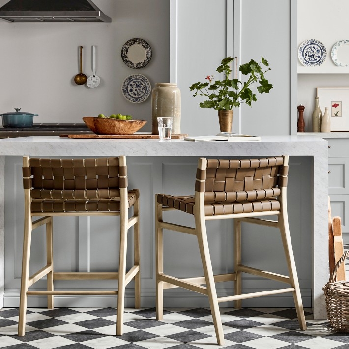 Counter Stool Woven Straps Cognac Brown Light Wood Frame