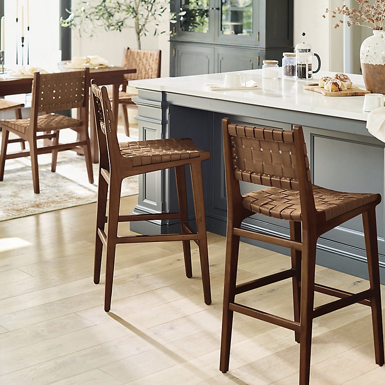 Counter Stool Woven Straps Low Backrest Basket Weave Coastal Modern