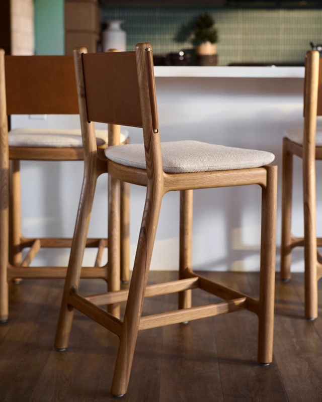 Counter Stool Wrapped Leather Back Mixed Material Warm Honey Wood