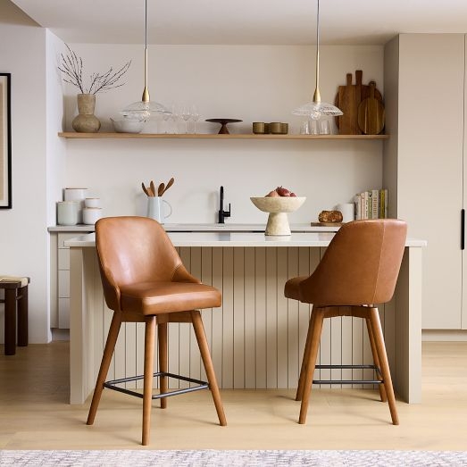 Counter Stools with Cognac Leather-Like Bucket Seat and Swivel Base