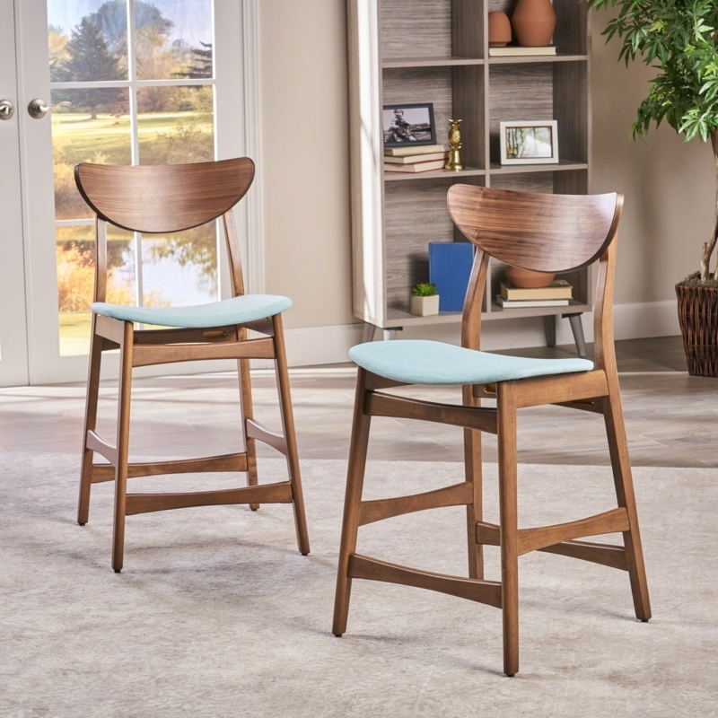 Counter Stools with Curved Wood Backrest and Mint Blue Upholstery