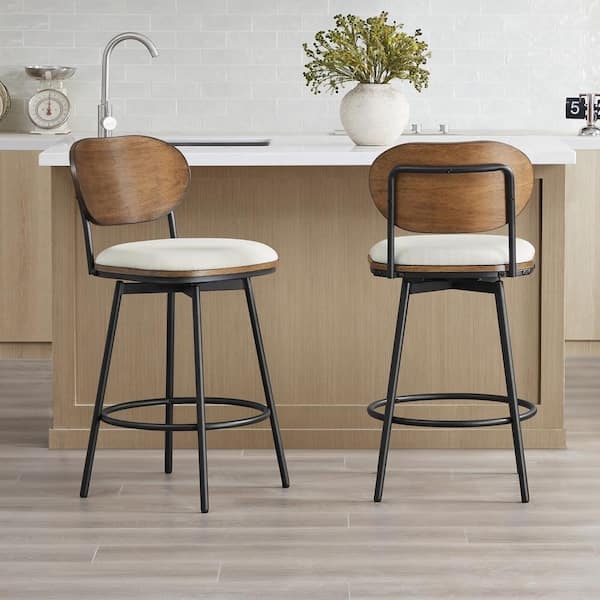 Counter Stools with Walnut Brown Curved Back and Black Frame
