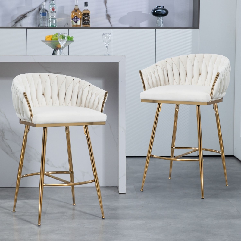 Counter Stools Woven White Velvet Gold Tapered Legs Luxury Seating