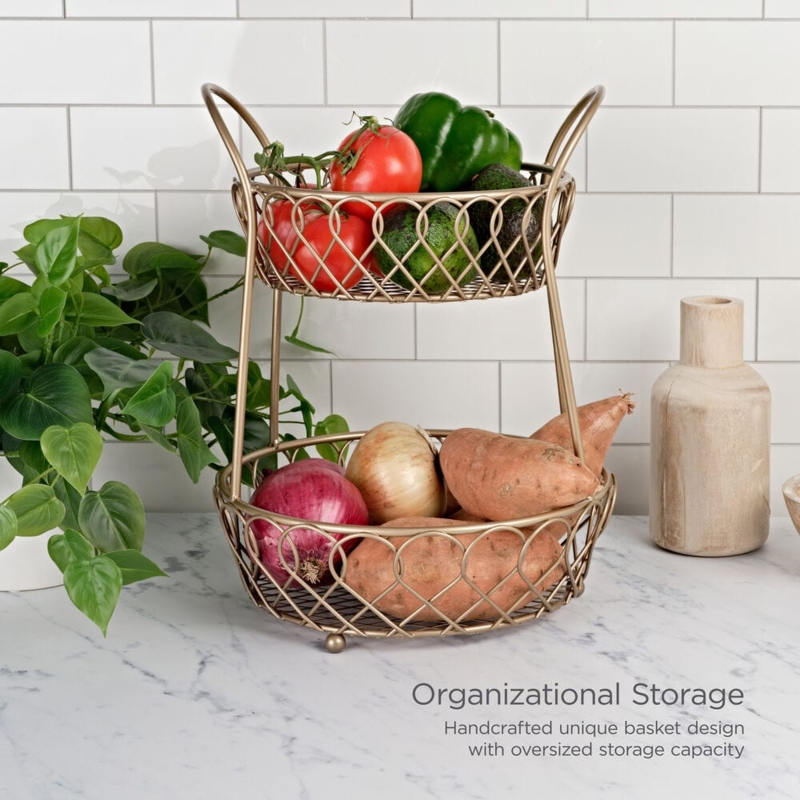Countertop Basket Matte Gold Two Tier Loop and Lattice Design