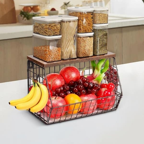 Countertop Organizer Banana Hooks Wooden Shelf Tiered Wire Basket