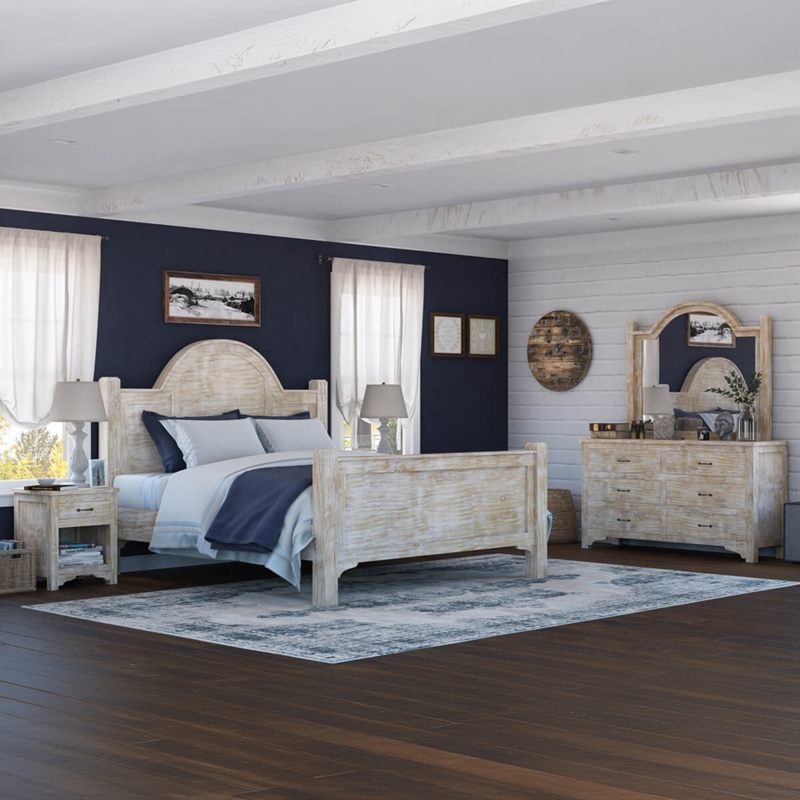 Country Cottage Bedroom Set with Arched Headboard and Whitewash Finish