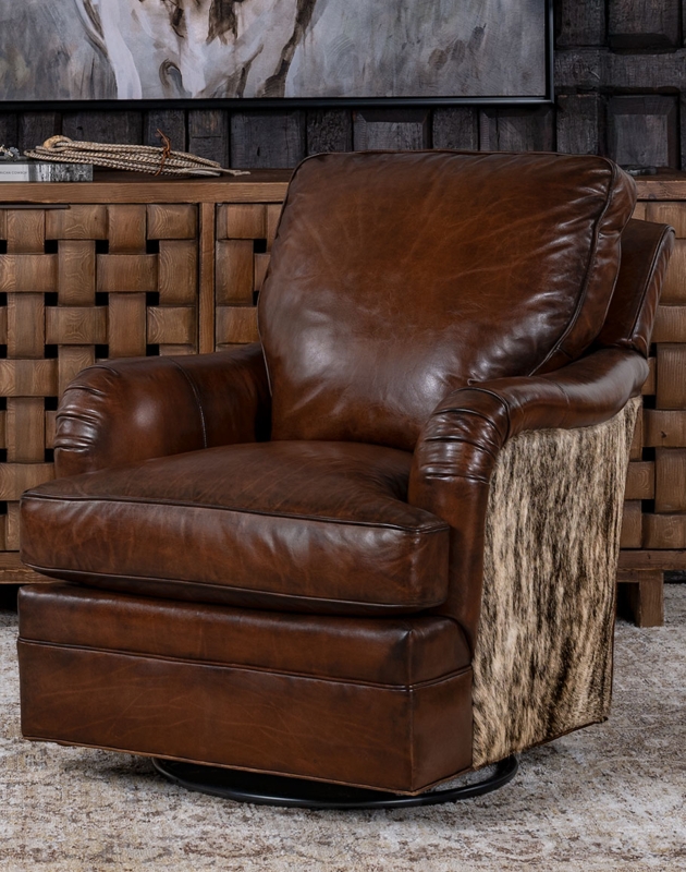 Cowhide Swivel Rocker Chair Cognac Leather Pleated Arms Rustic
