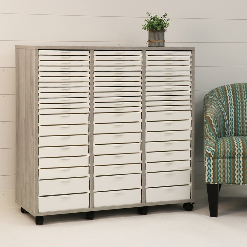 Craft Storage Cabinet: Weathered Grey Triple Column with Graduated Drawers