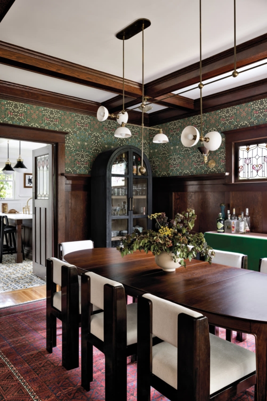 Craftsman Dining Room Set Floral Botanical Wallpaper Modern Brass Lighting