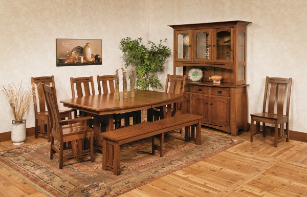 Craftsman Dining Set Honey Brown Arched Hutch Doors Backless Bench