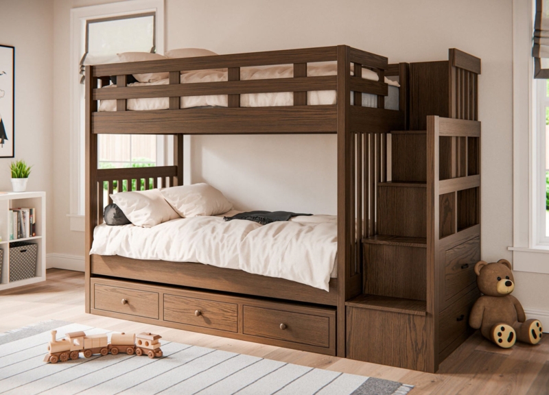 Craftsman Staircase Bunk Bed Walnut Wood Grain Mission Slats