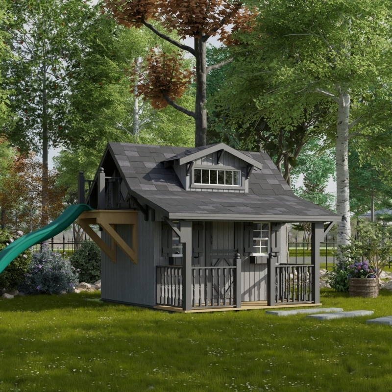 Craftsman Style Playhouse with Slide & Slate Gray Siding