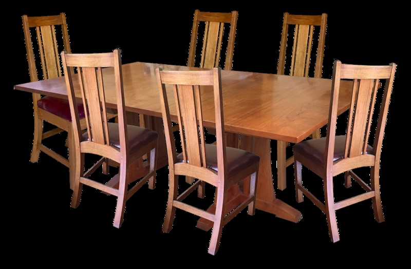 Craftsman Trestle Dining Set Slat Back Chairs Burgundy Upholstery