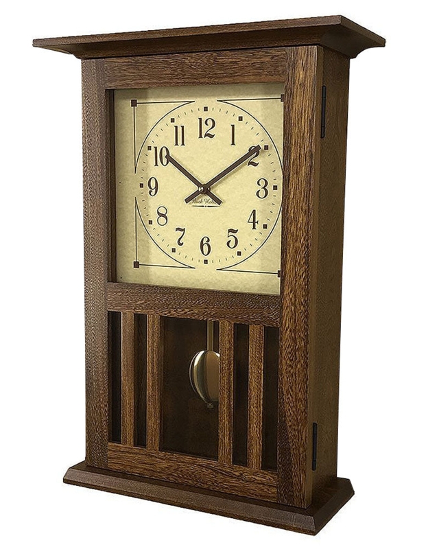 Craftsman Wall Clock with Flared Cornice and Vertical Slats