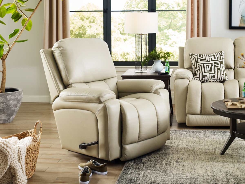 Cream Beige Leather-Like Rocking Recliner with Pillow Top Arms
