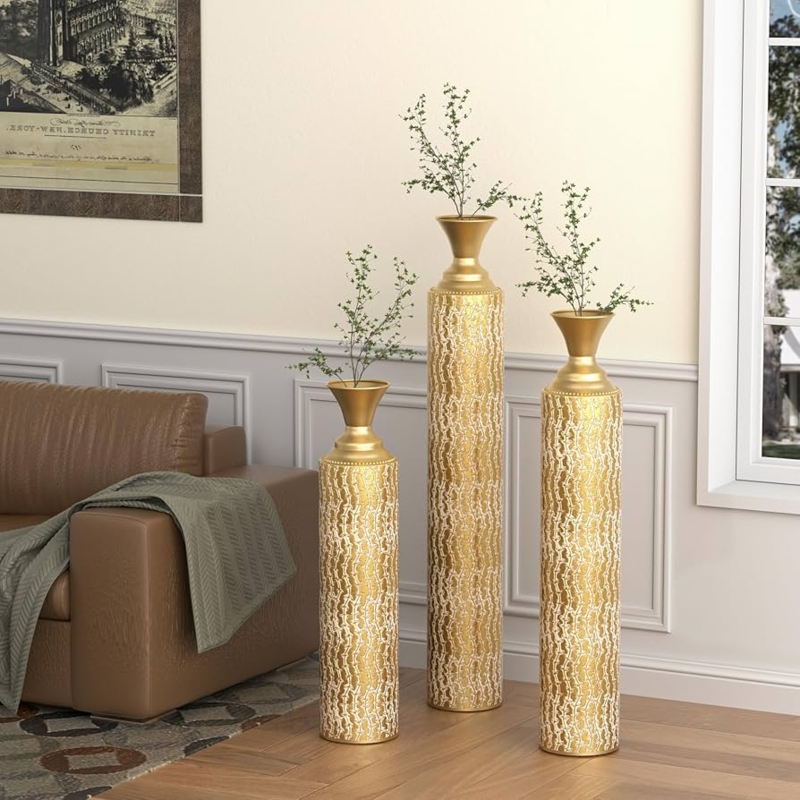Cream Floor Vases Set Lace Pattern Flared Metallic Neck Transitional Glam