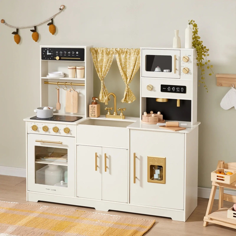 Cream Play Kitchen Brushed Gold Integrated Coffee Station Luxury Toy