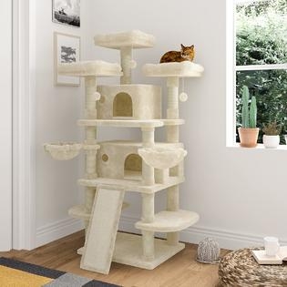 Cream Plush Cat Tree Dual Condos Integrated Climbing Ramp 68 Inch