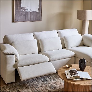 Cream Upholstered Chaise Sectional Power Recliner Deep Seating
