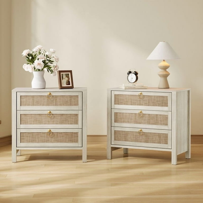 Cream White Nightstand with Woven Fronts: Boho Coastal Bedside Table